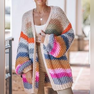 MULTI COLORED OPEN FRONT LONG CROCHET CARDIGAN WITH POCKETS